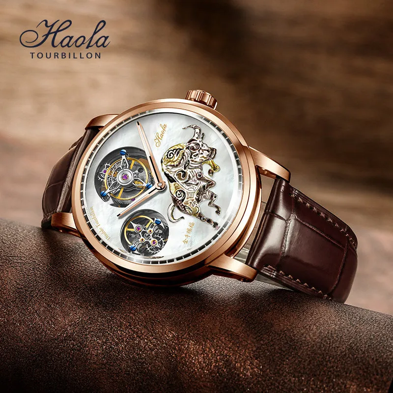 Haofa 005 Flying Double Tourbillon Pearl Dial Taurus 42H Manual Wind Watch