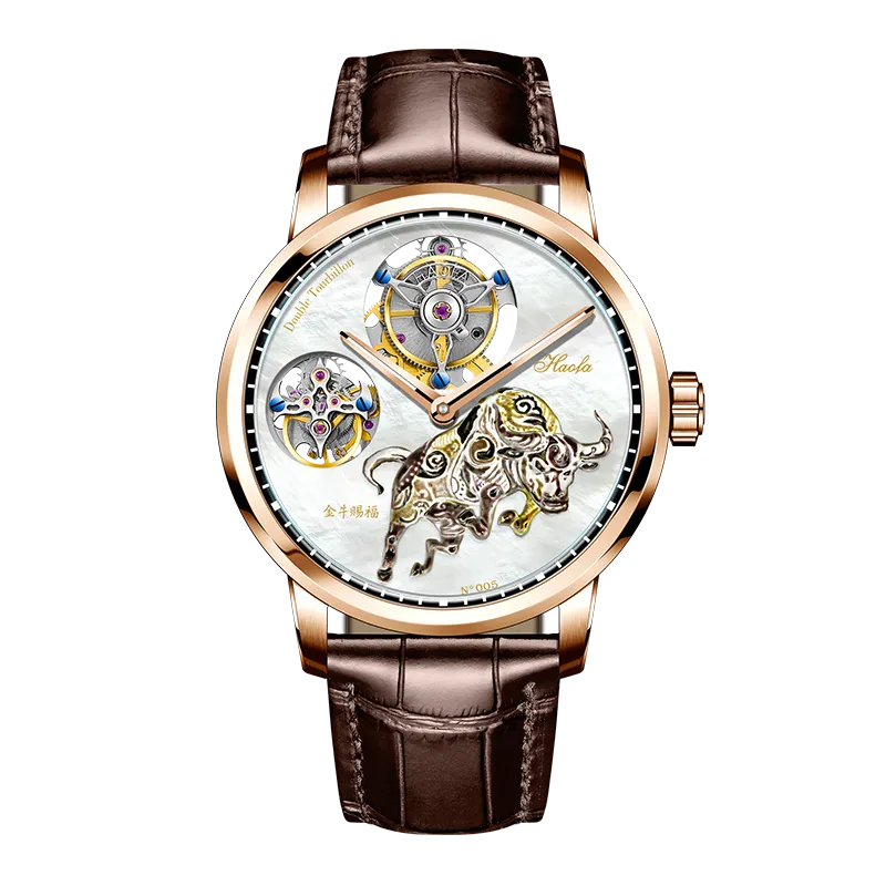 Haofa 005 Flying Double Tourbillon Pearl Dial Taurus 42H Manual Wind Watch