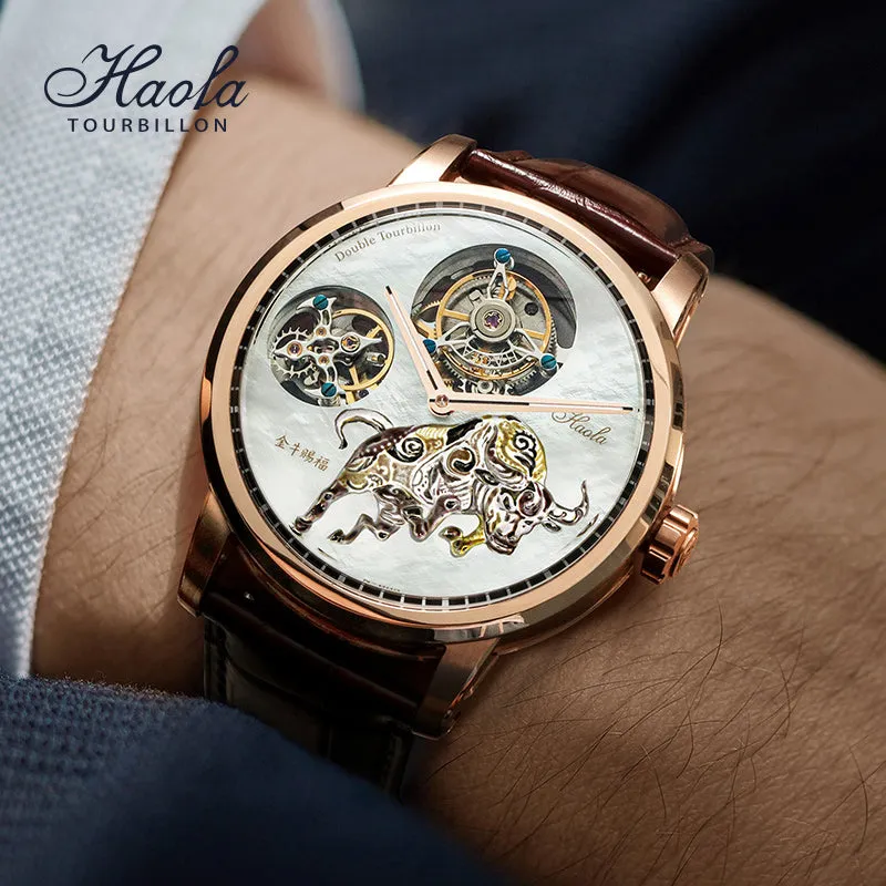 Haofa 005 Flying Double Tourbillon Pearl Dial Taurus 42H Manual Wind Watch