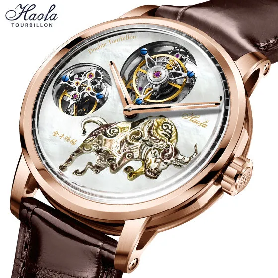 Haofa 005 Flying Double Tourbillon Pearl Dial Taurus 42H Manual Wind Watch