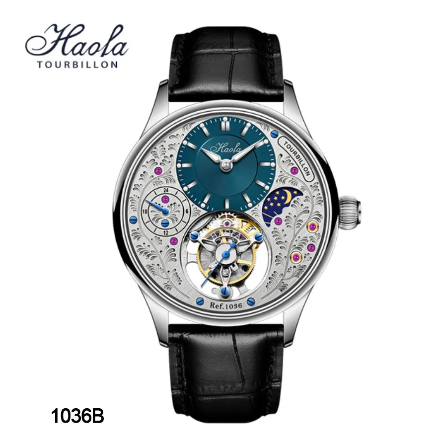 HAOFA GMT Luxury Tourbillon Mechanical Mens Watch Sapphire Moonphase 1036