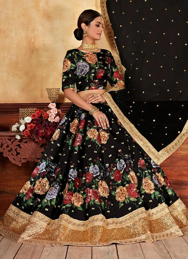 Heavy Sequins Digital Printed Black Floral Lehenga