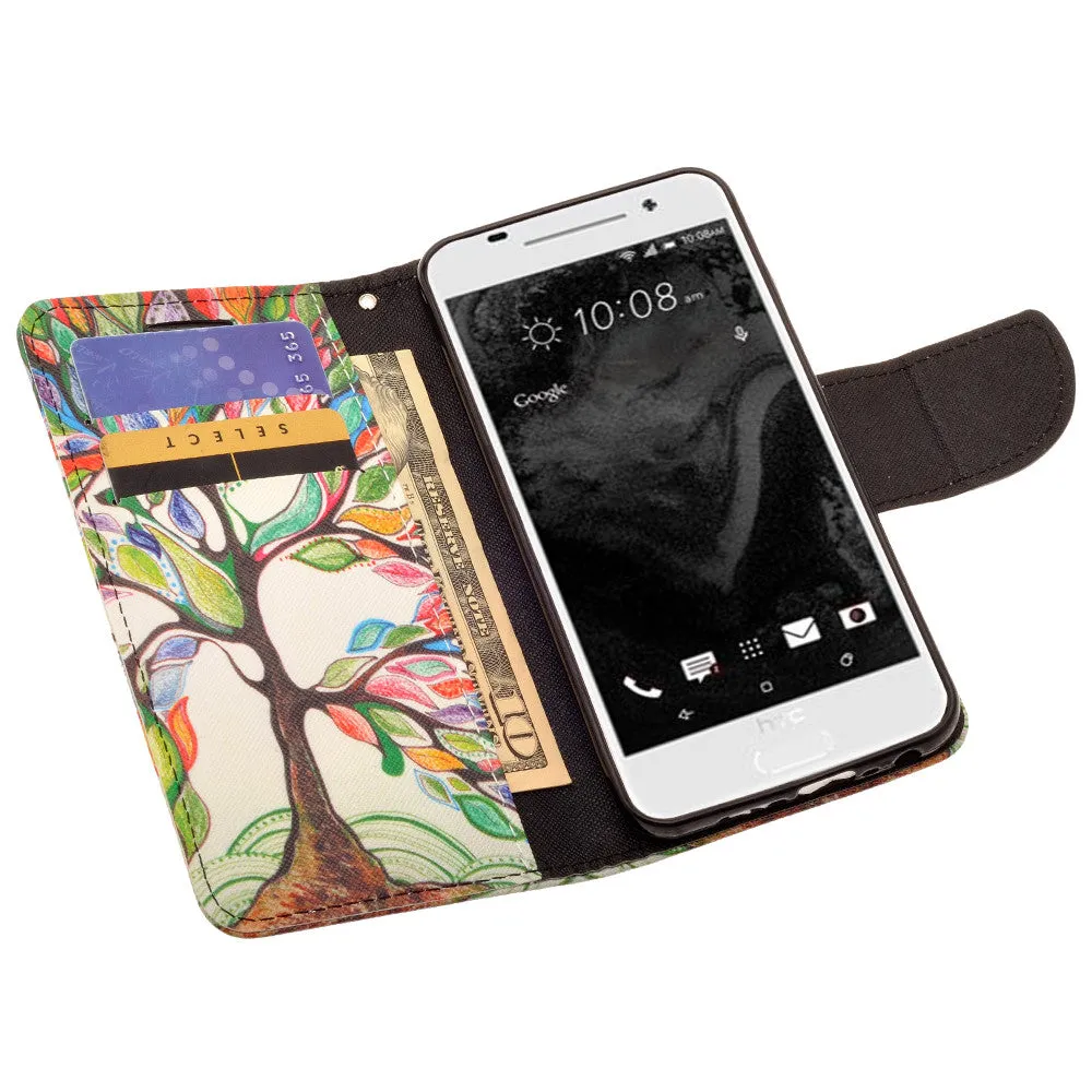 HTC One A9 Case, Wrist Strap Magnetic Fold[Kickstand] Pu Leather Wallet Case with ID & Credit Card Slots for HTC One A9 - Colorful Tree