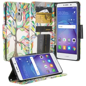 Huawei Mate 9 Lite, Honor 6X, GR5 2017  Wrist Strap Pu Leather Magnetic Flip Fold[Kickstand] Wallet Case with ID & Card Slots for Mate 9 Lite - Colorful Tree