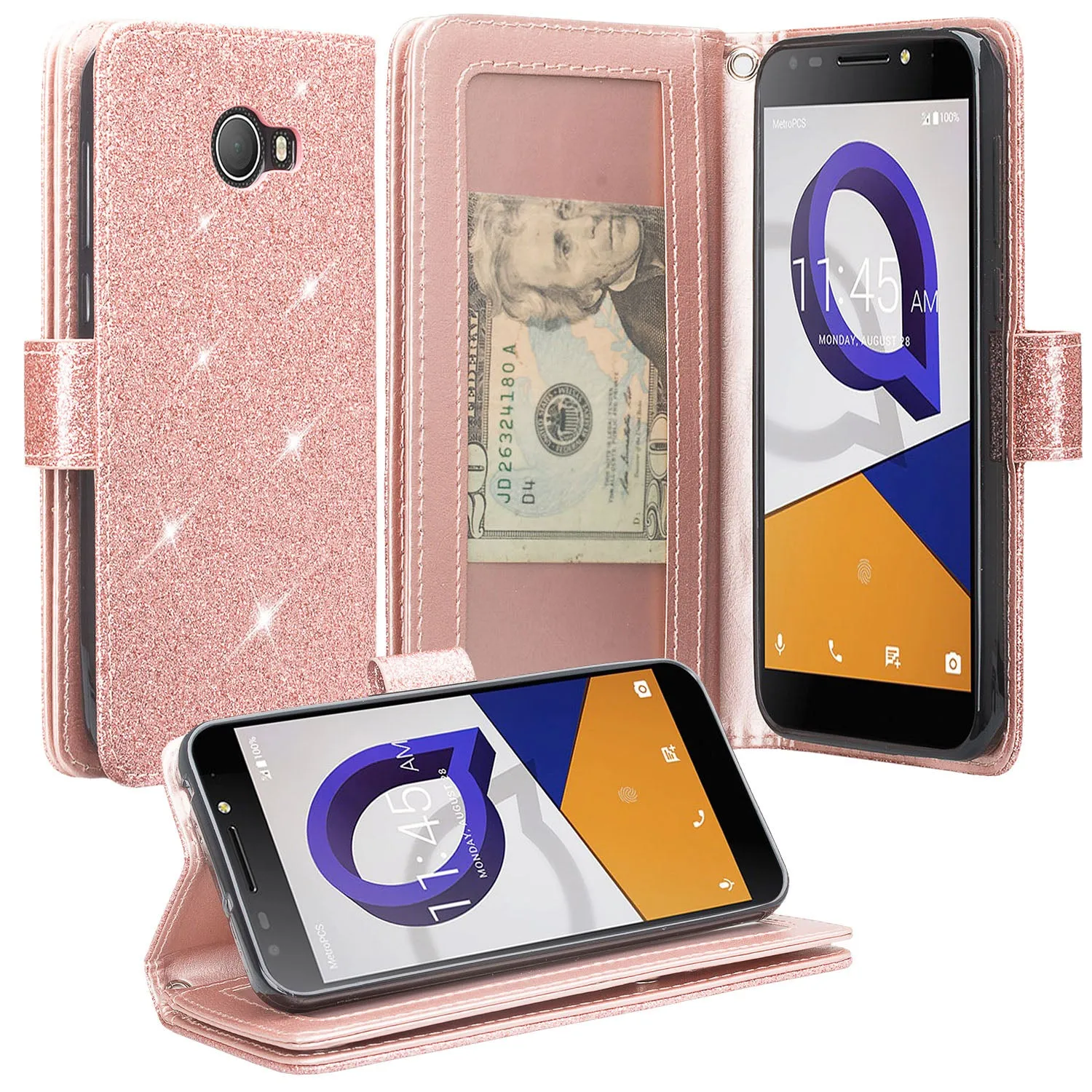 Jitterbug Smart 2 Case, Magnetic Flip Fold Kickstand Glitter Bling Leather Wallet Cover with ID & Credit Card Slots - Rose Gold