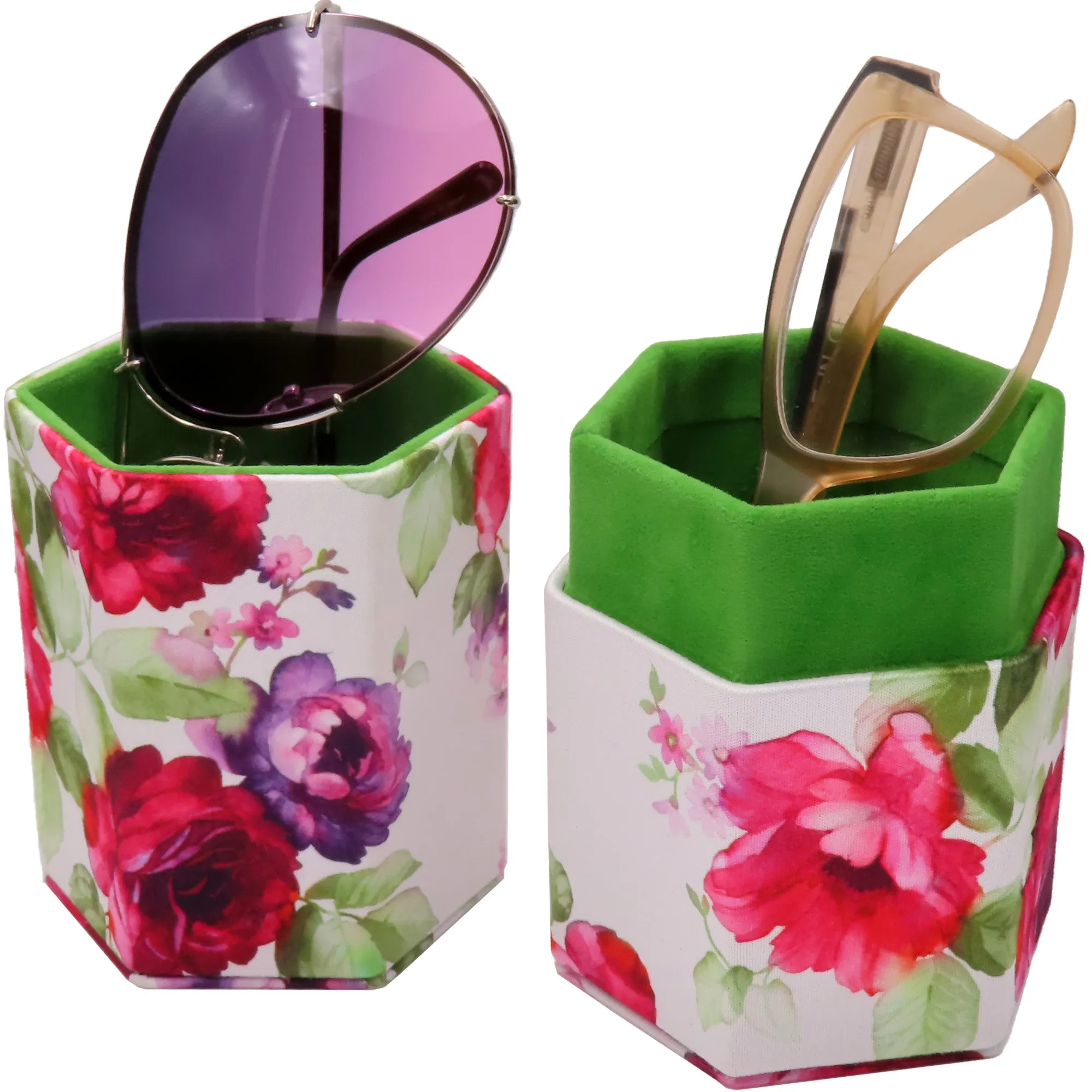 Large Sunglasses Travel Case Opens into 2 Desk stands - Floral Roses with Pouch & Cloth New Eyeglass Holder (RC490 Cranberry Rose)