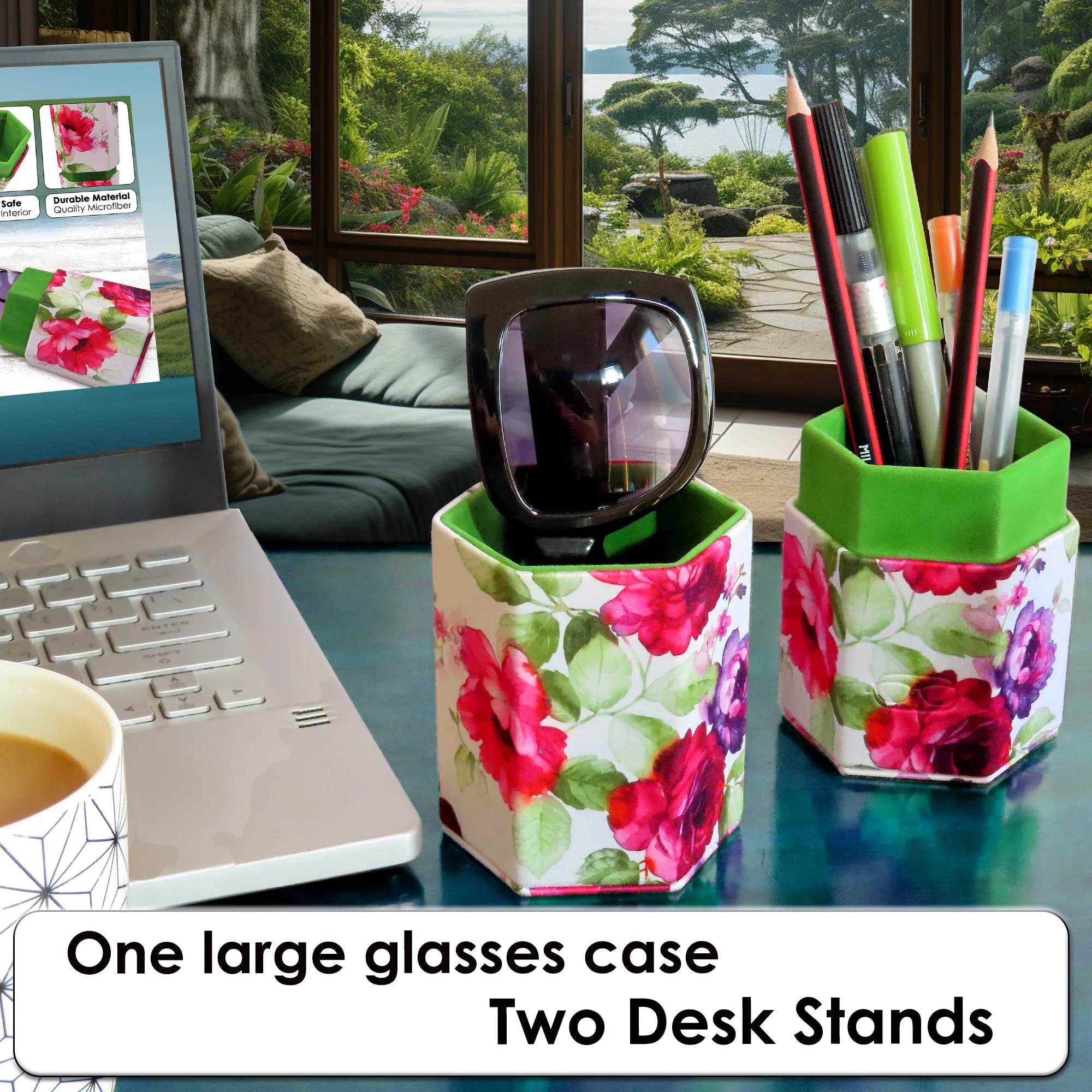 Large Sunglasses Travel Case Opens into 2 Desk stands - Floral Roses with Pouch & Cloth New Eyeglass Holder (RC490 Cranberry Rose)