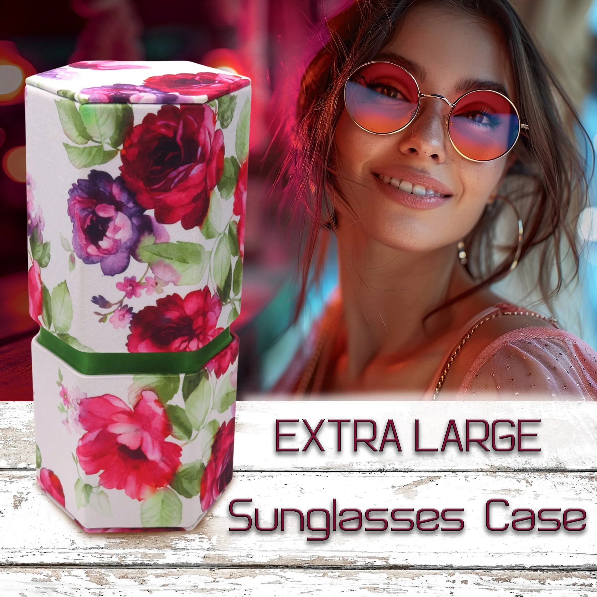 Large Sunglasses Travel Case Opens into 2 Desk stands - Floral Roses with Pouch & Cloth New Eyeglass Holder (RC490 Cranberry Rose)