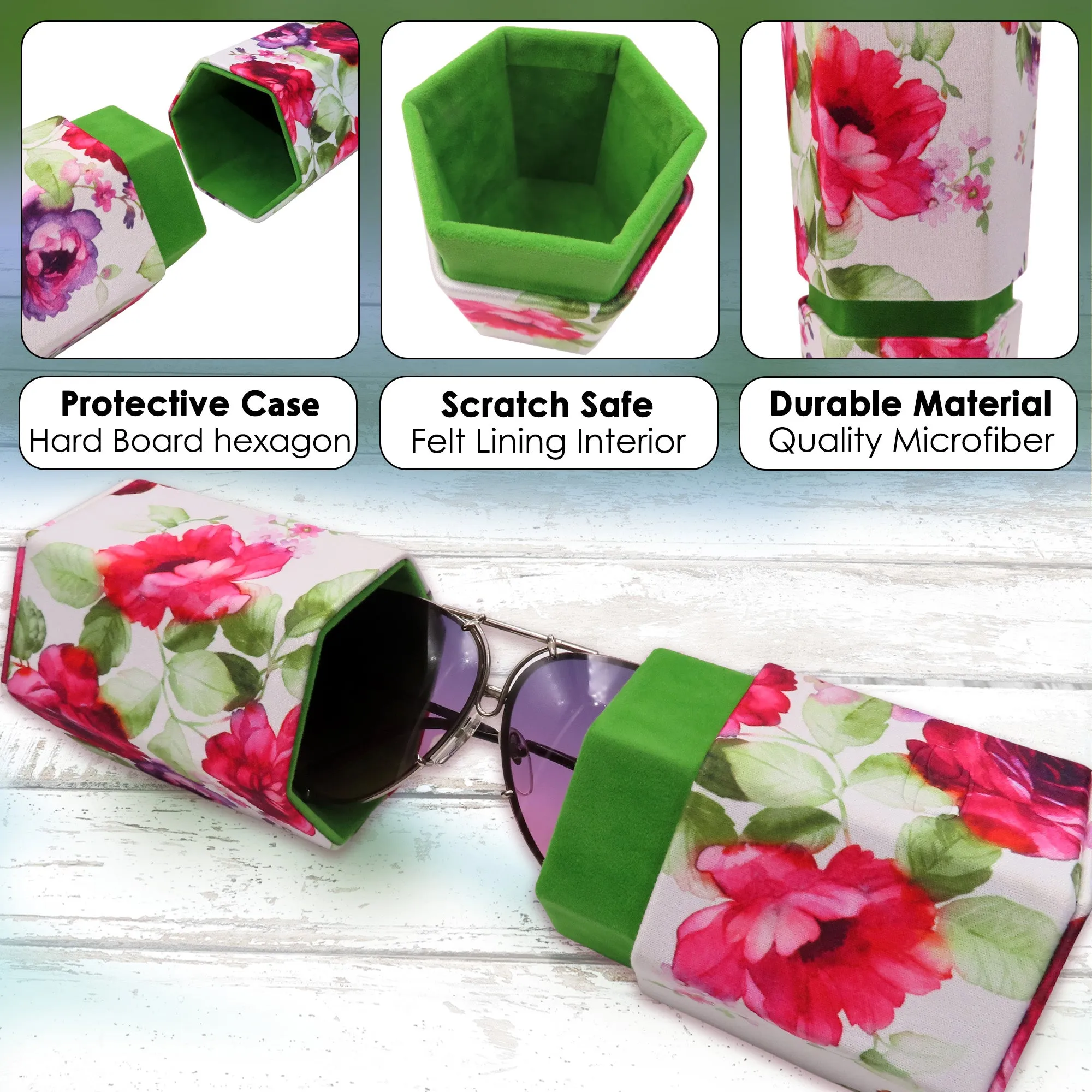 Large Sunglasses Travel Case Opens into 2 Desk stands - Floral Roses with Pouch & Cloth New Eyeglass Holder (RC490 Cranberry Rose)