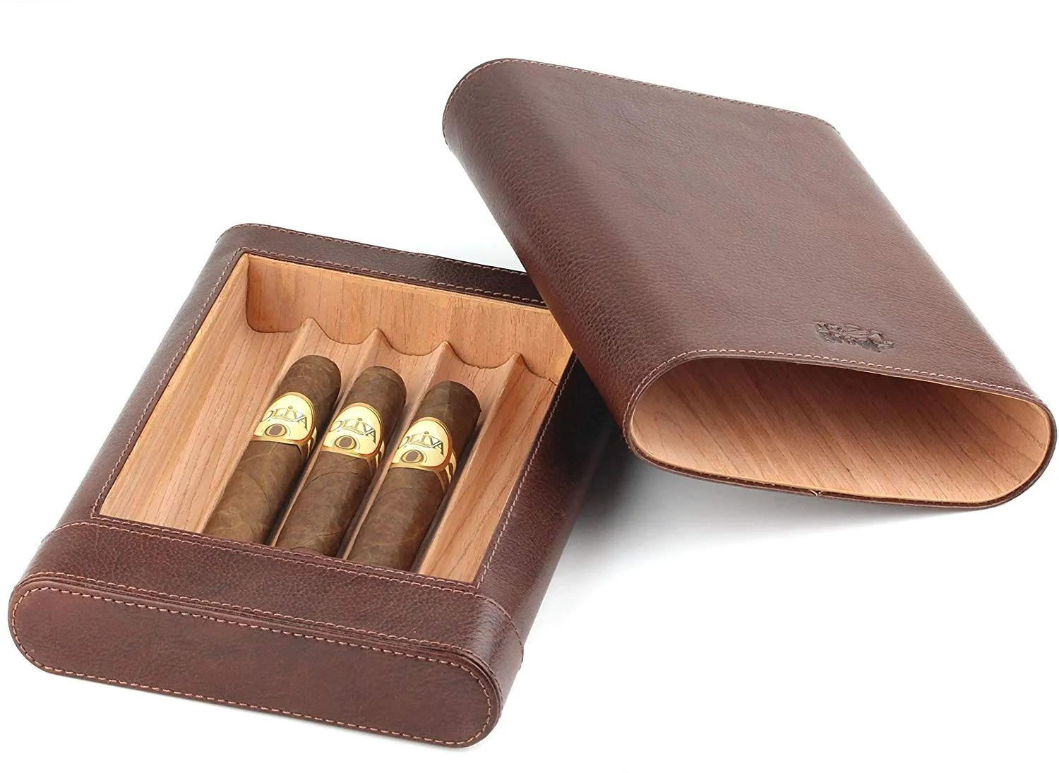 Leather Cigar Humidor Box - Slim Desktop Cedar Wood Cabinet - Atmosphere Leather - [Brown]