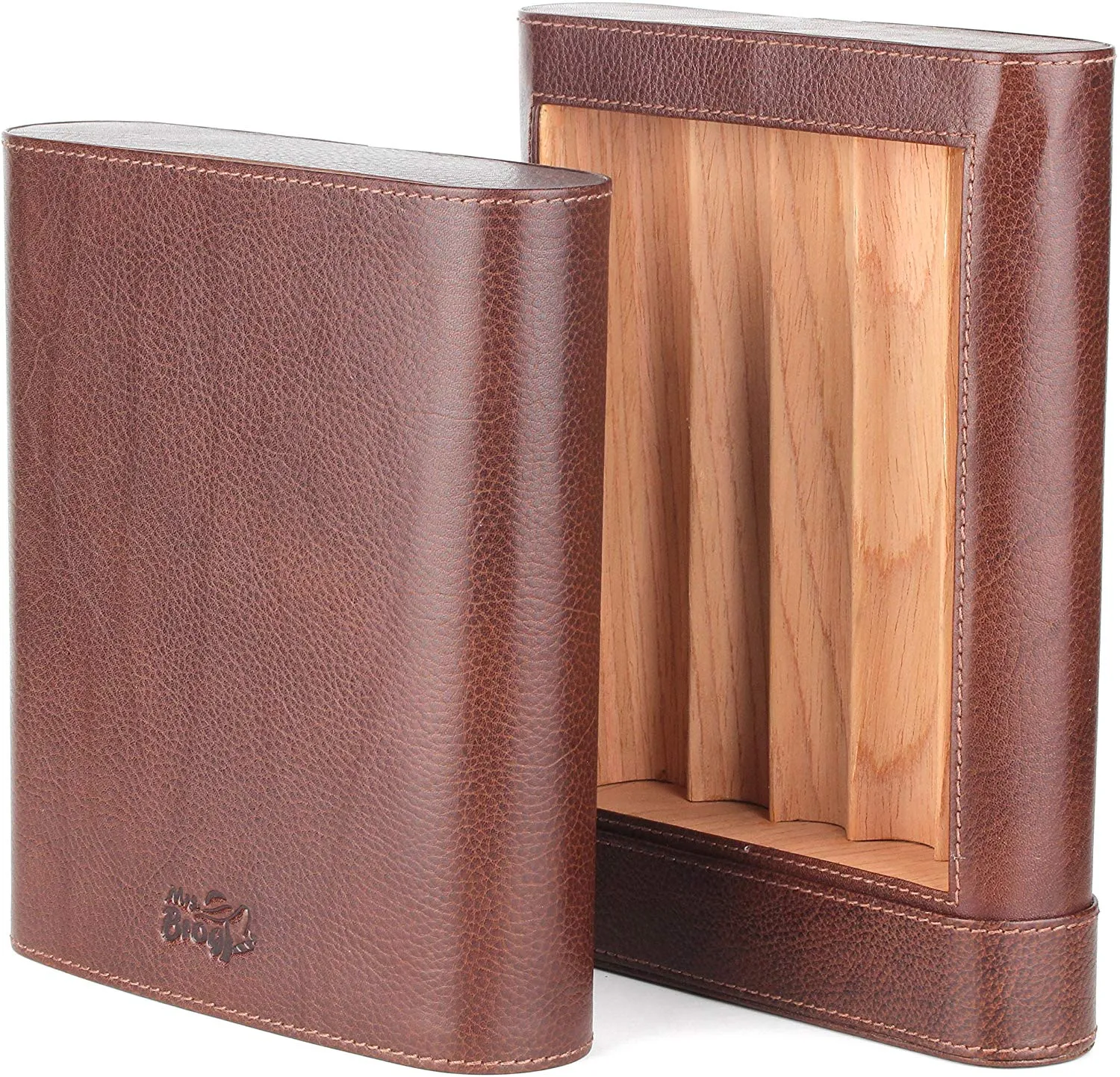 Leather Cigar Humidor Box - Slim Desktop Cedar Wood Cabinet - Atmosphere Leather - [Brown]