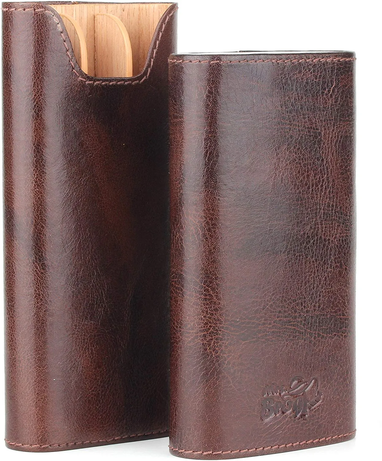 Leather Cigar Humidor Case with Stitching - 5 Cigar Grooves in Cedar Wood - Atmosphere Leather - [Wood]