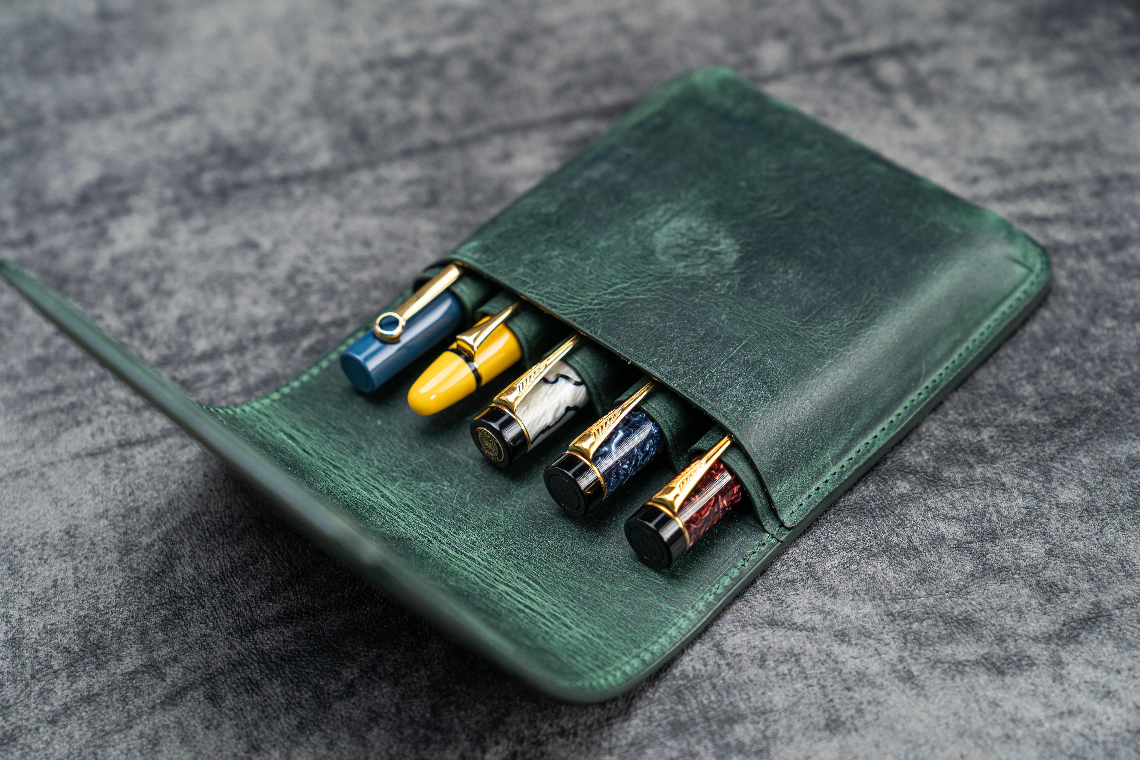 Leather Flap Pen Case for Five Pens - Crazy Horse Forest Green