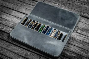 Leather Magnum Opus 12 Slots Hard Pen Case with Removable Pen Tray - Crazy Horse Smoky Grey