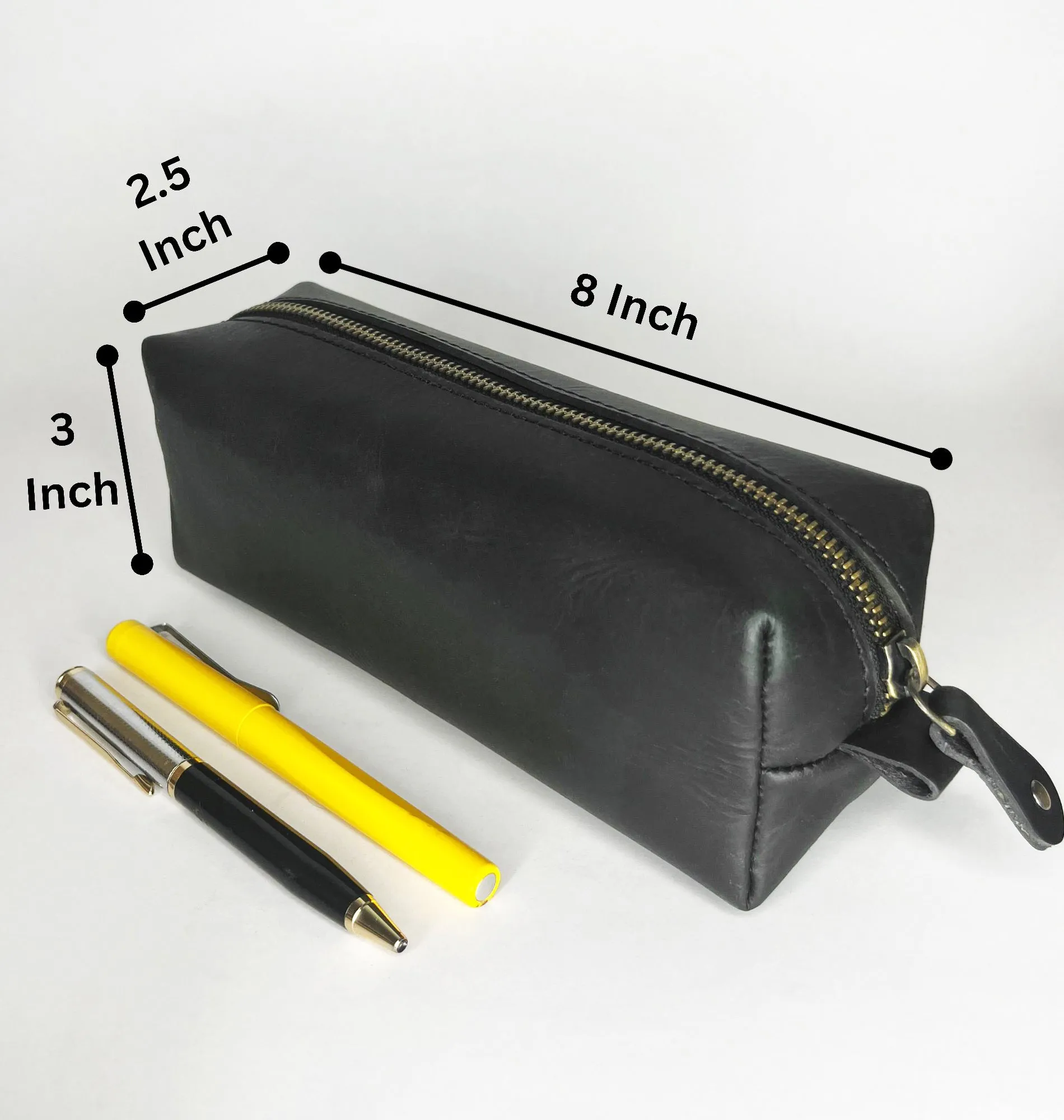 Leather Pencil Case - Handcrafted Premium Zippered Pen Pouch (Black)