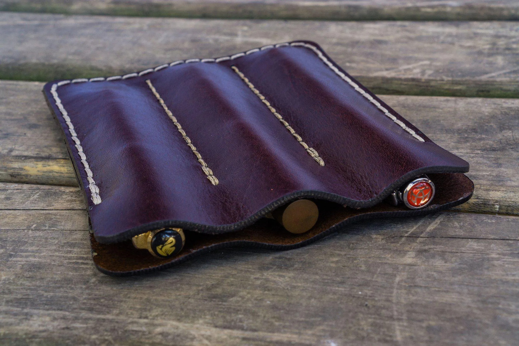 Leather Triple Fountain Pen Case / Pen Pouch - Dark Brown