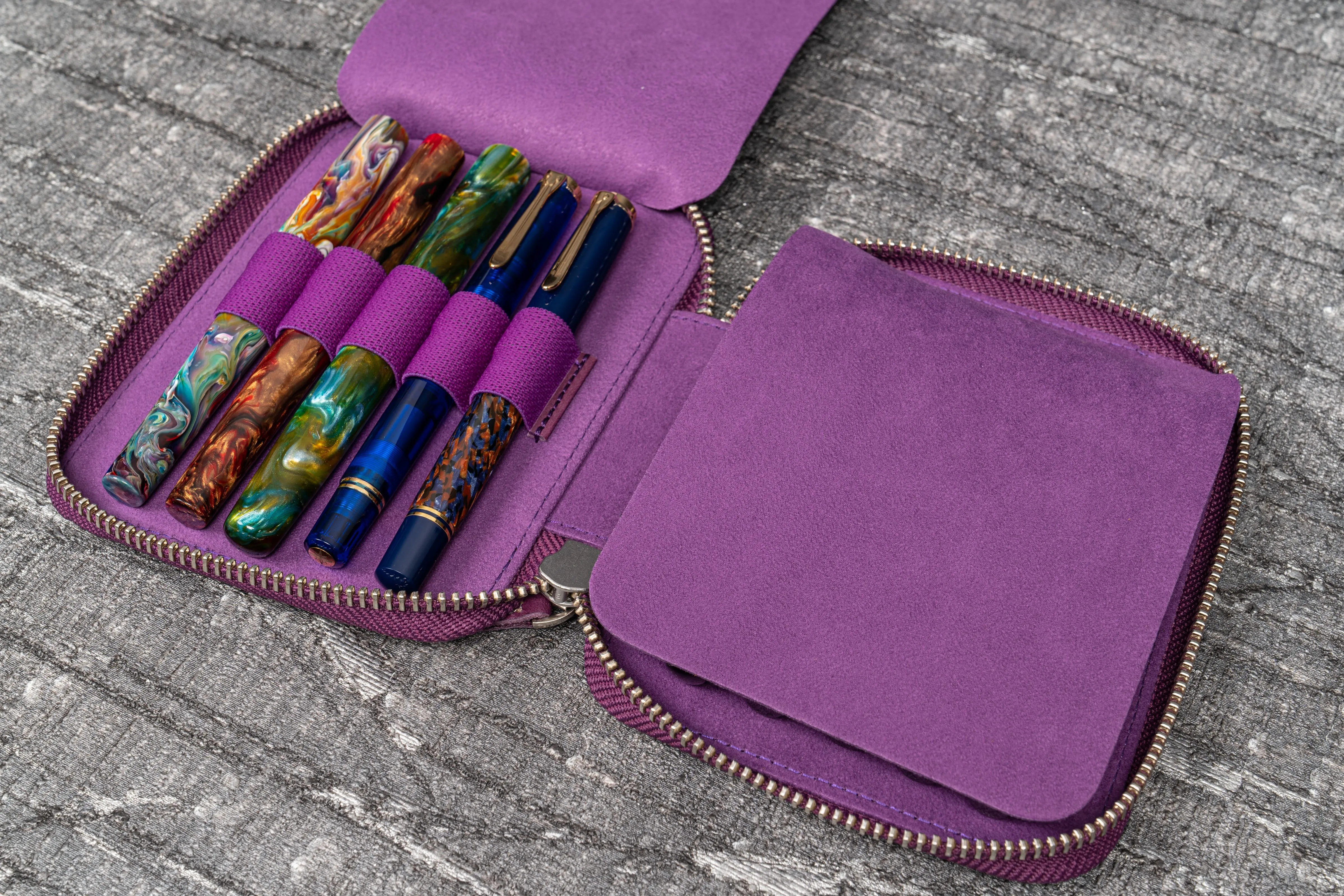 Leather Zippered 10 Slots Pen Case - Purple