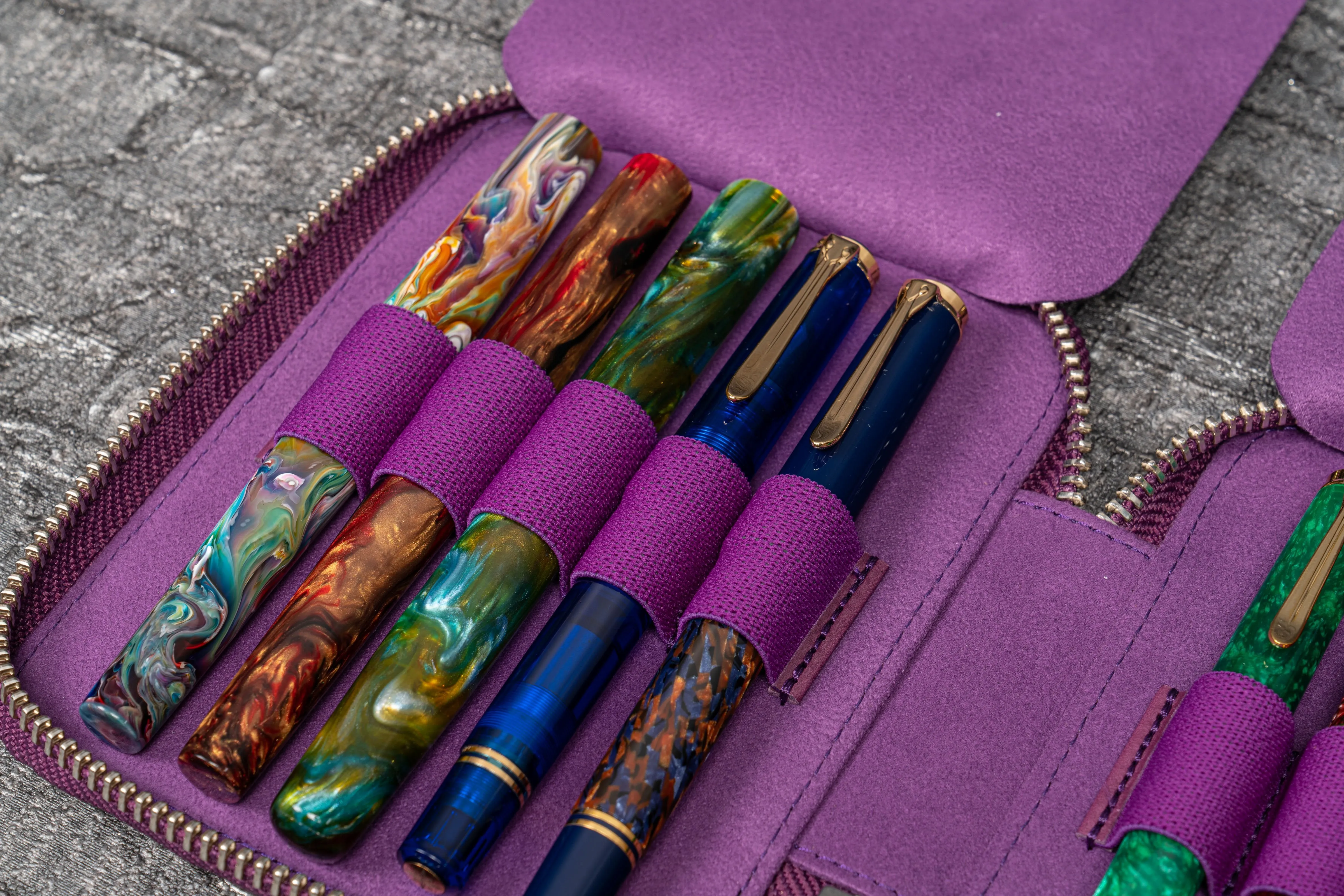 Leather Zippered 10 Slots Pen Case - Purple