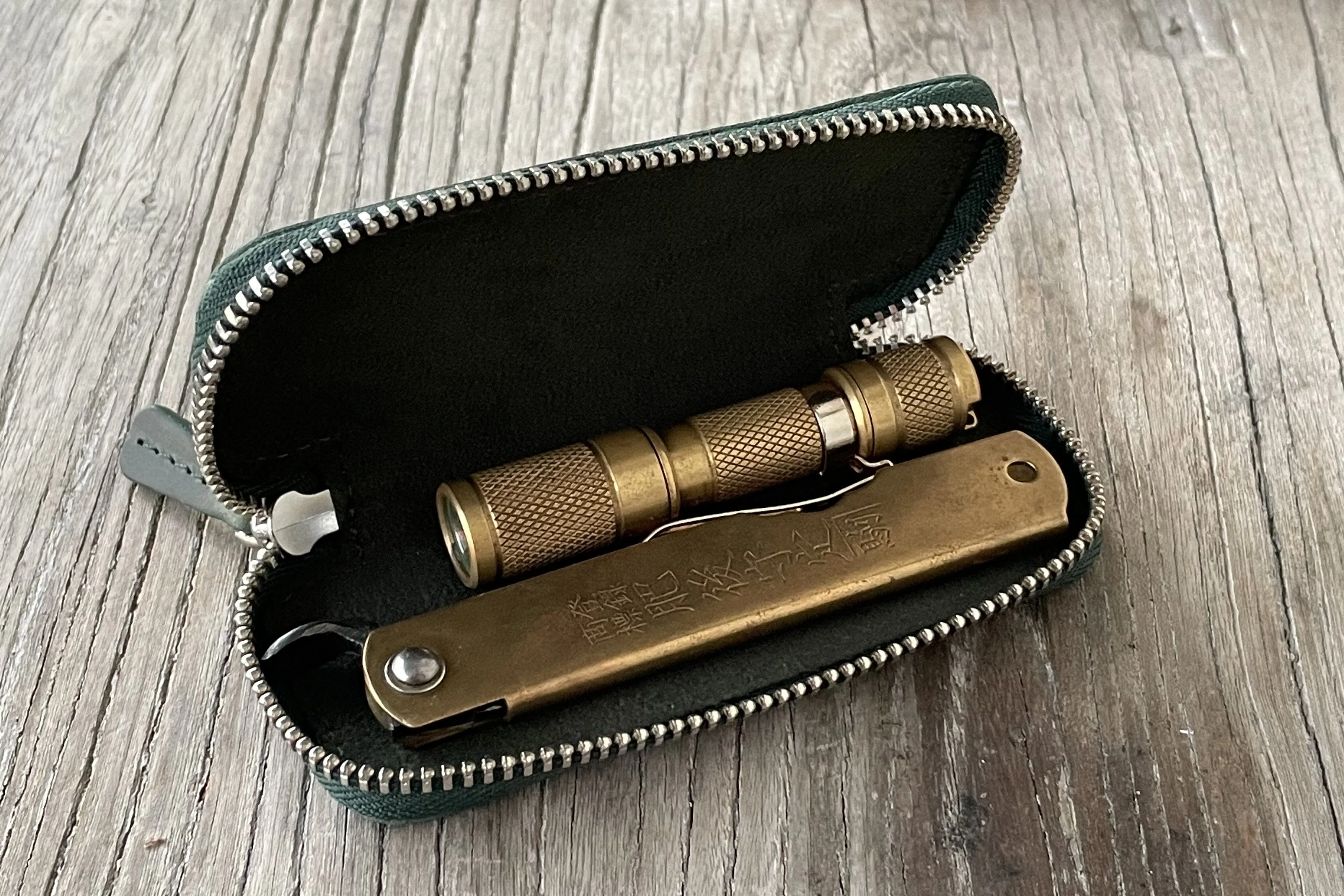 Leather Zippered Double Pen Case for Kaweco - Pocket Pen - Crazy Horse Forest Green