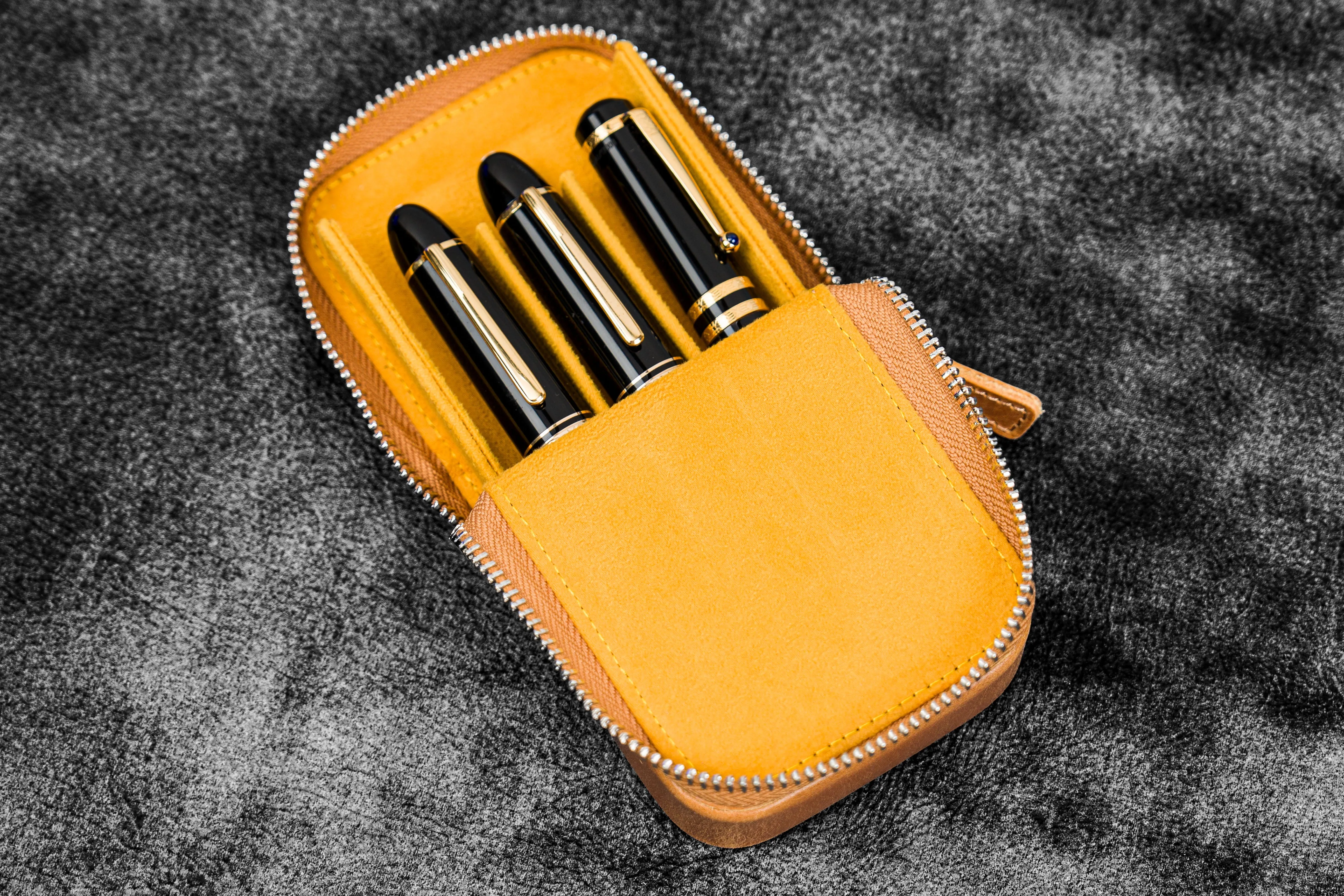 Leather Zippered Magnum Opus 3 Slots Hard Pen Case with Removable Pen Tray - Crazy Horse Honey Ochre