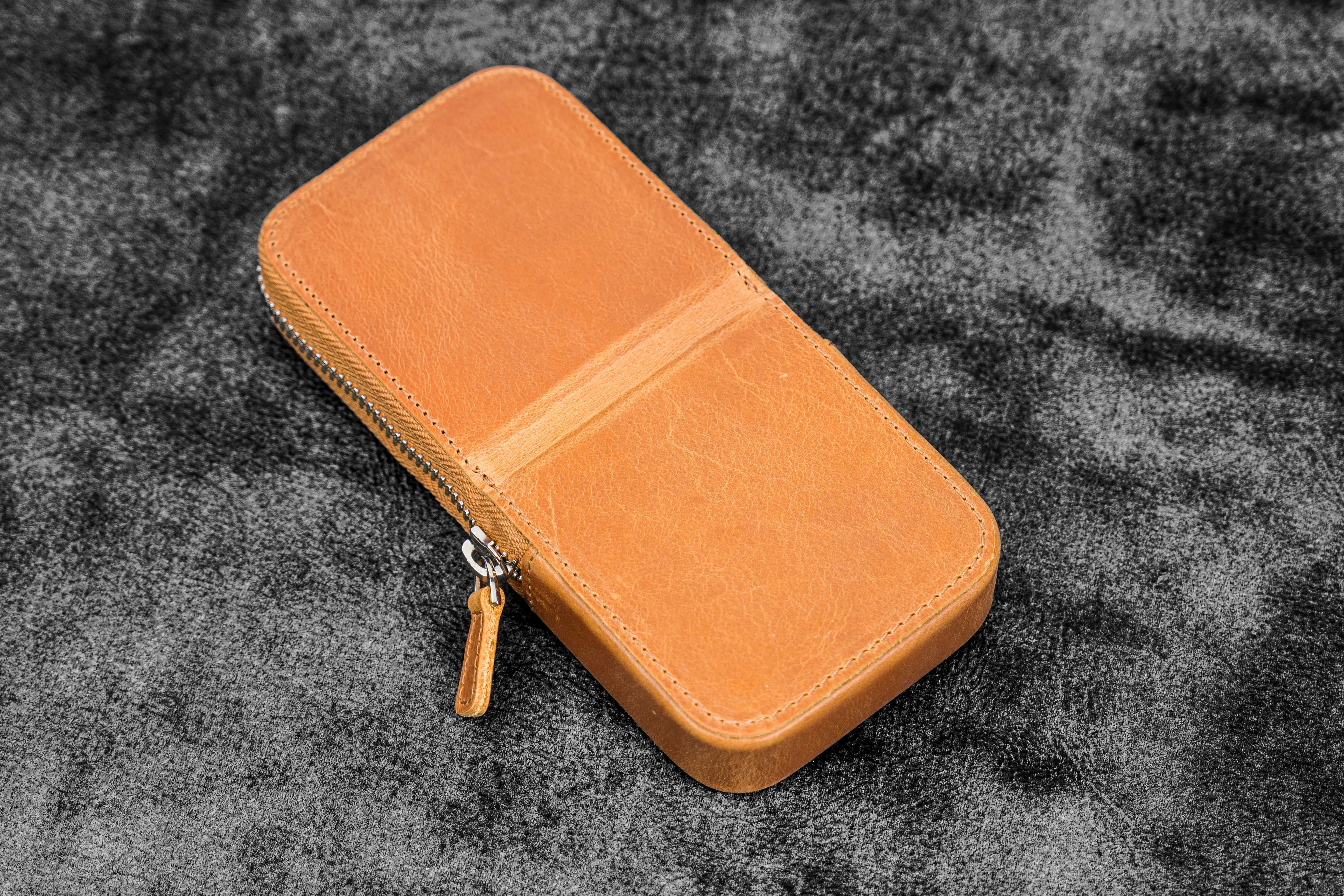 Leather Zippered Magnum Opus 3 Slots Hard Pen Case with Removable Pen Tray - Crazy Horse Honey Ochre