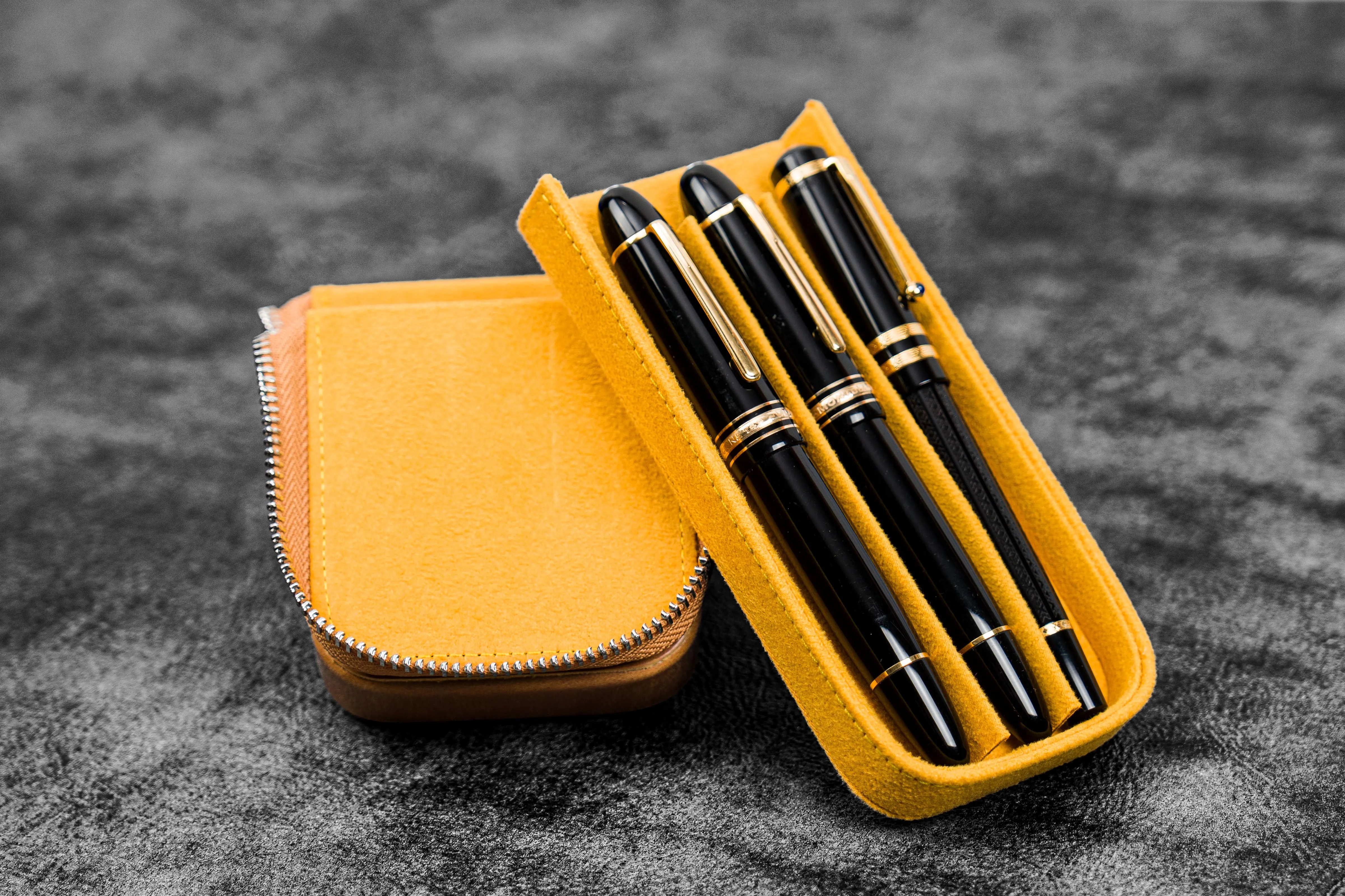 Leather Zippered Magnum Opus 3 Slots Hard Pen Case with Removable Pen Tray - Crazy Horse Honey Ochre