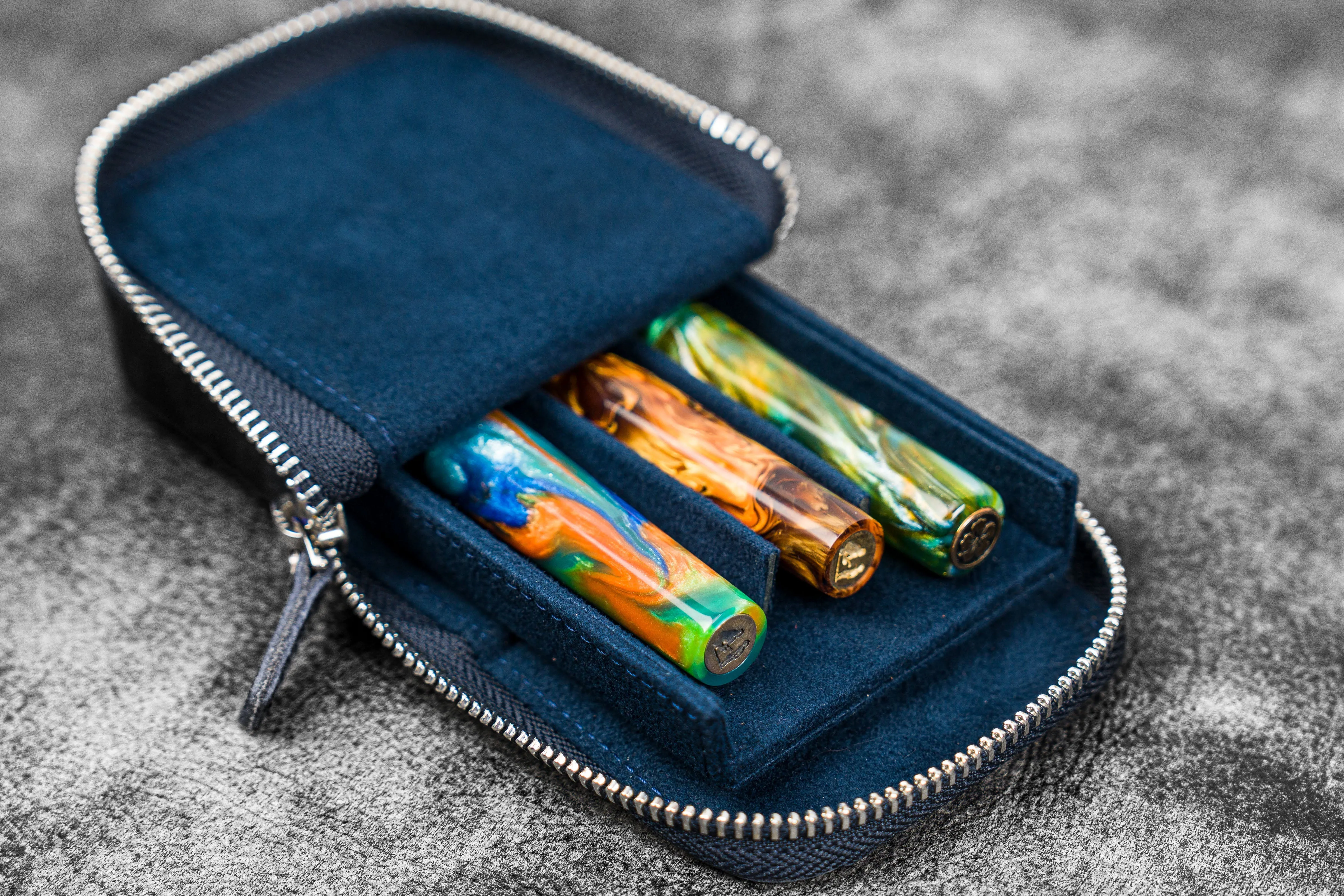 Leather Zippered Magnum Opus 3 Slots Hard Pen Case with Removable Pen Tray - Crazy Horse Navy Blue