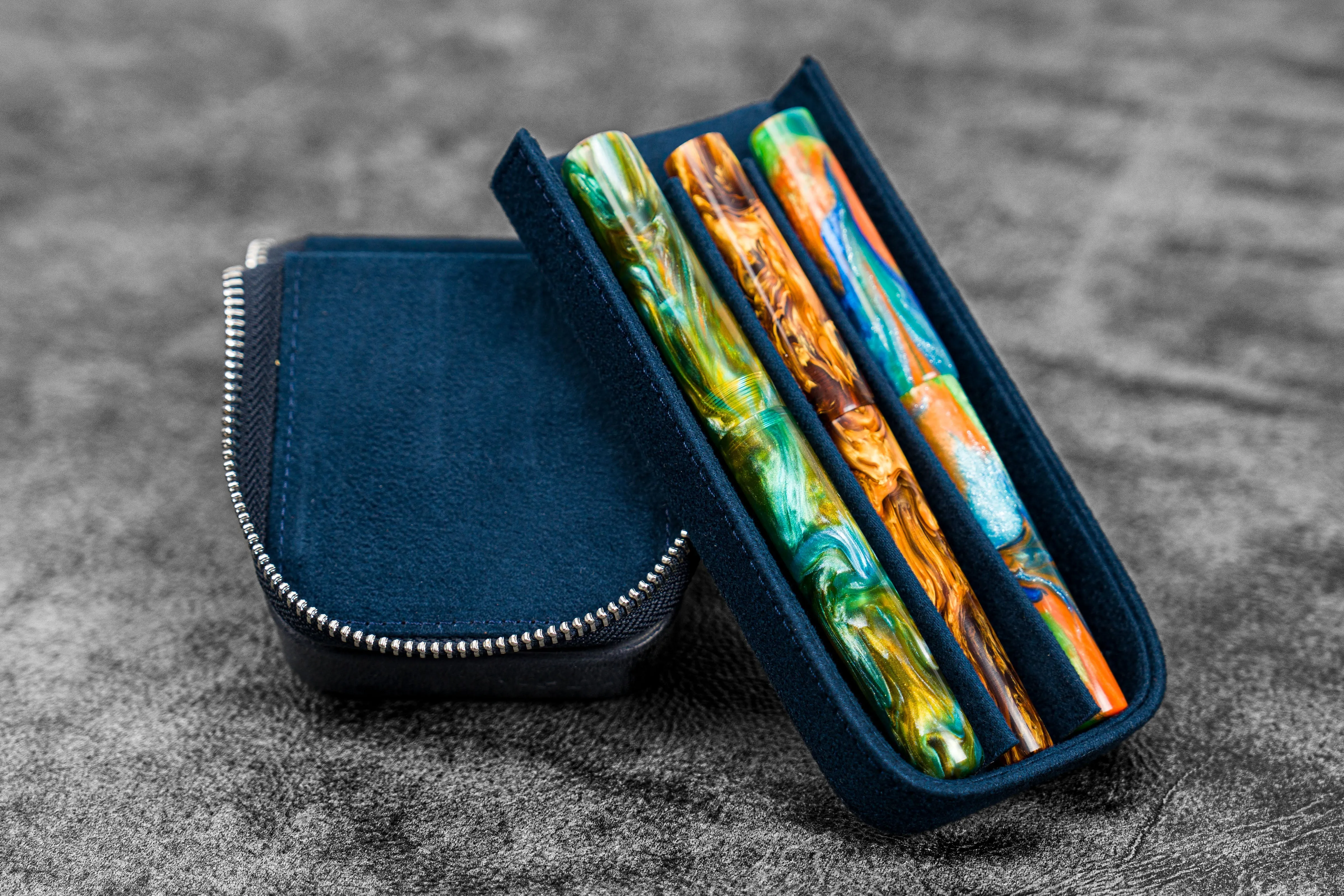 Leather Zippered Magnum Opus 3 Slots Hard Pen Case with Removable Pen Tray - Crazy Horse Navy Blue