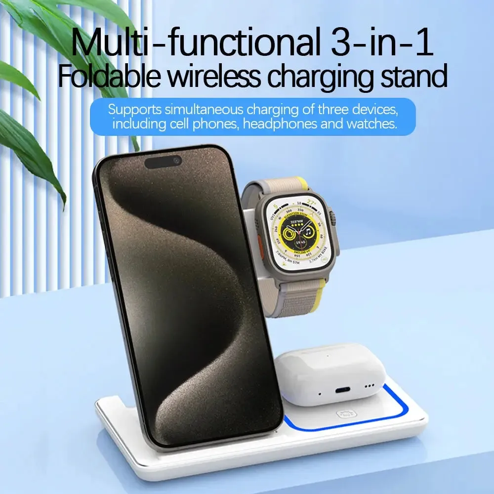 LED Fast Wireless Charger Stand 3 in 1 Foldable Charging Station