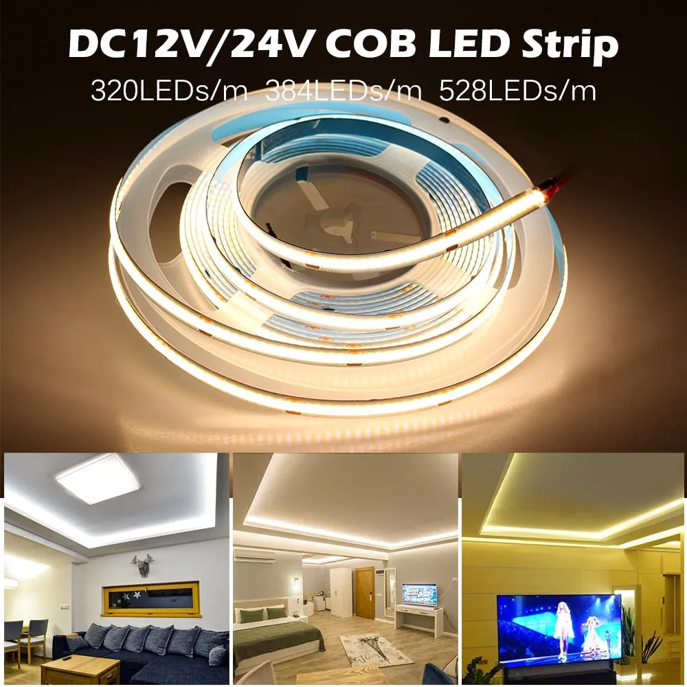 LED Strip 320 384 528 LEDs High Density Flexible COB LED Lights DC12V 24V RA90 3000K 4000K 6000K LED Tape 5m/lot.