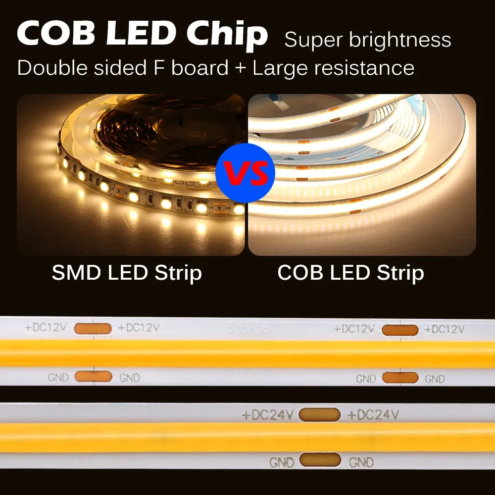 LED Strip 320 384 528 LEDs High Density Flexible COB LED Lights DC12V 24V RA90 3000K 4000K 6000K LED Tape 5m/lot.