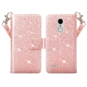 LG Aristo 2 Plus Case, Aristo 2, LG Tribute Dynasty, Rebel 3, Zone 4, [Wrist Strap] Glitter Faux Leather Flip [Kickstand] Wallet Case Wristlet - Rose Gold