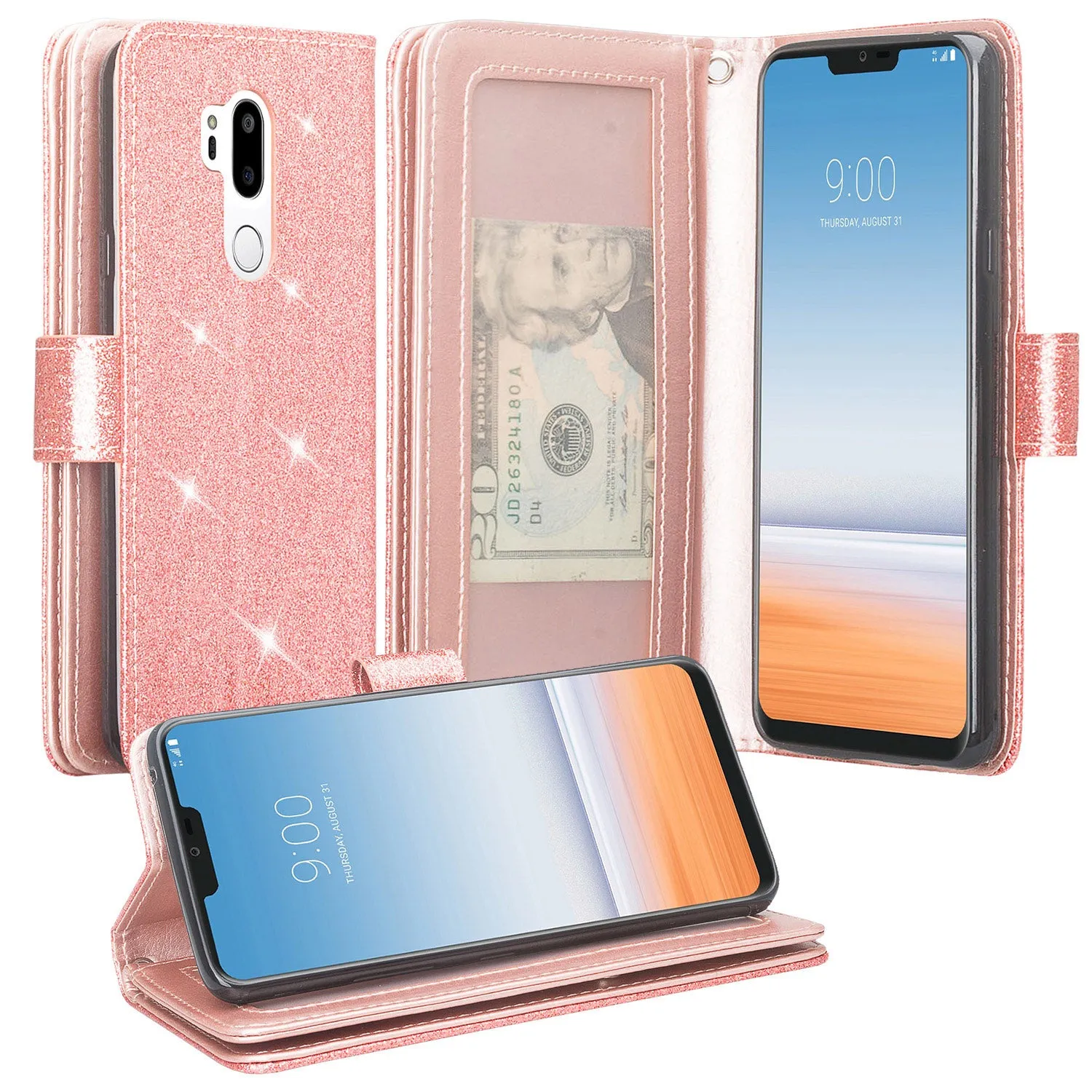 LG G7 ThinQ, LM-G710, G7  ThinQ Case, [Wrist Strap] Glitter Faux Leather Flip [Kickstand Feature] Protective Wallet Case Cover Clutch - Rose Gold