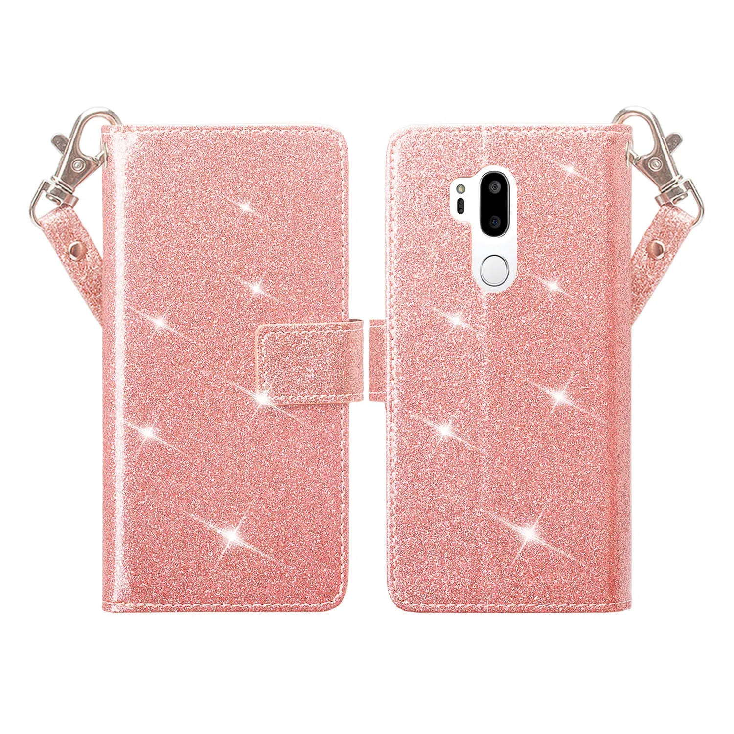 LG G7 ThinQ, LM-G710, G7  ThinQ Case, [Wrist Strap] Glitter Faux Leather Flip [Kickstand Feature] Protective Wallet Case Cover Clutch - Rose Gold