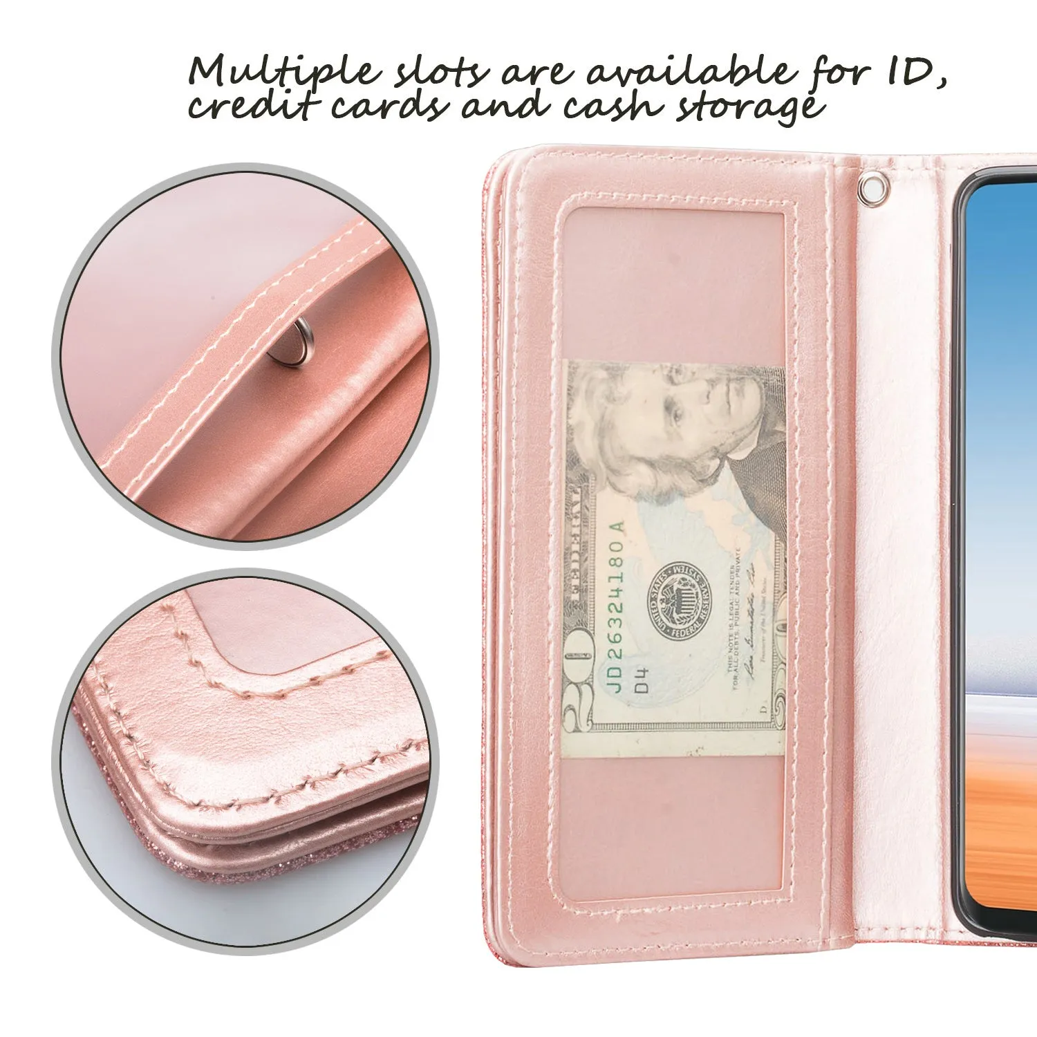 LG G7 ThinQ, LM-G710, G7  ThinQ Case, [Wrist Strap] Glitter Faux Leather Flip [Kickstand Feature] Protective Wallet Case Cover Clutch - Rose Gold