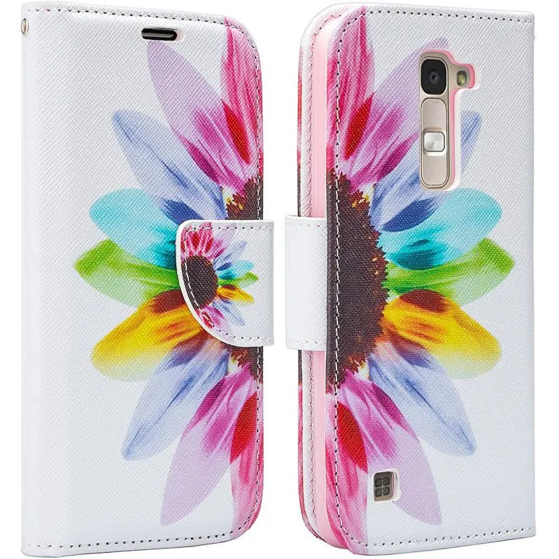 LG K8 | LG Phoenix 2 | LG Escape 3 Wallet Case, Wrist Strap [Kickstand] Pu Leather Wallet Case with ID & Credit Card Slots for LG K8 | LG Phoenix 2 | LG Escape 3 - Sun Flower