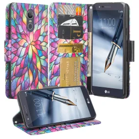 LG Prime 2 Case,Aristo 4 /Aristo 4 Plus Wallet Case, Wrist Strap Pu Leather Wallet Case [Kickstand] with ID & Credit Card Slots - Rainbow Flower