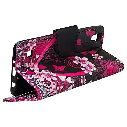 LG Tribute HD | X Style | Volt 3 Case, Wrist Strap Pu Leather Magnetic Flip Fold[Kickstand] Wallet Case with ID & Card Slots - Heart Butterflies