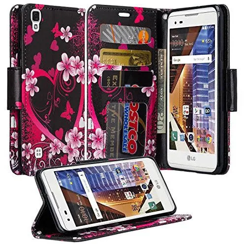 LG Tribute HD | X Style | Volt 3 Case, Wrist Strap Pu Leather Magnetic Flip Fold[Kickstand] Wallet Case with ID & Card Slots - Heart Butterflies