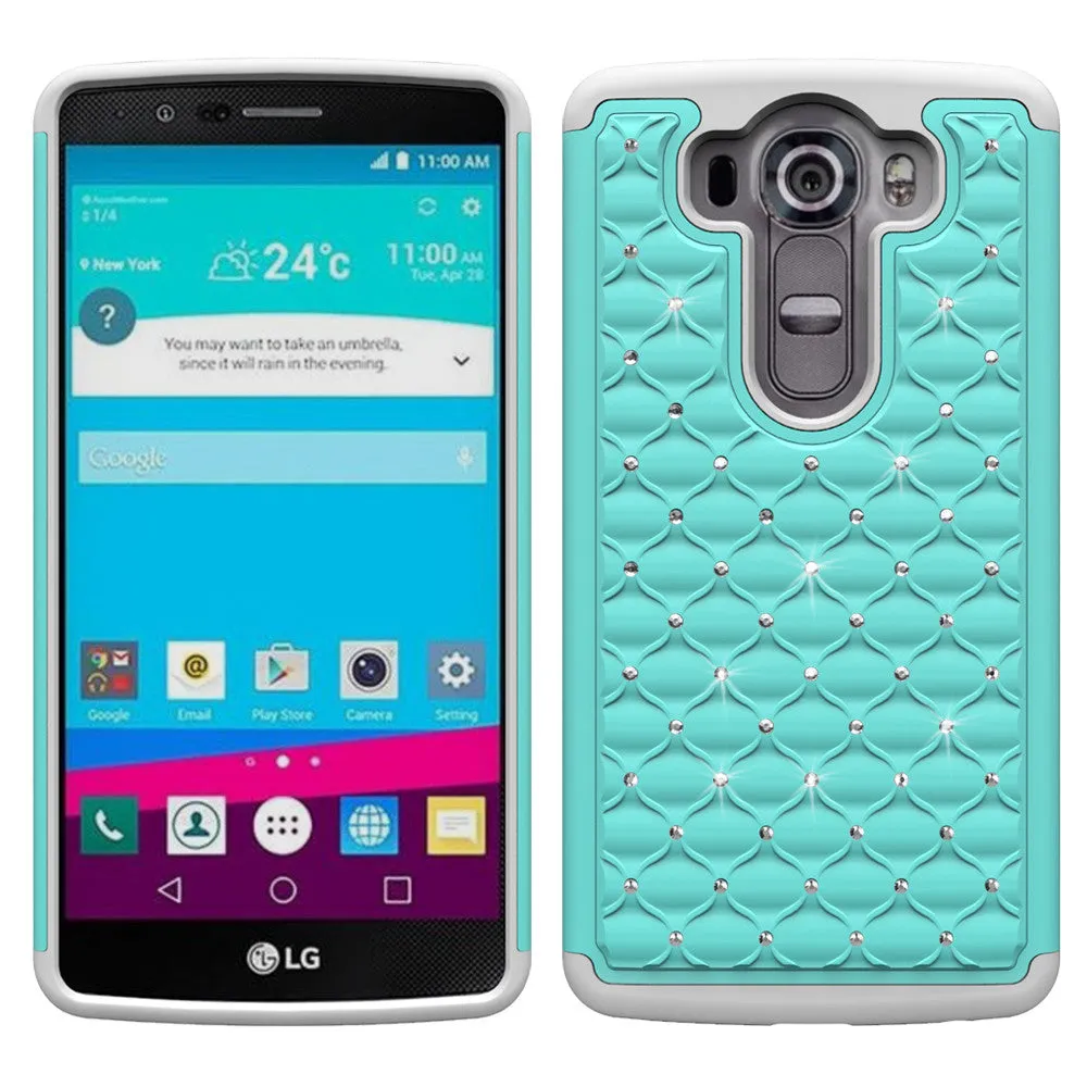 LG V10 Case , Slim Hybrid Dual Layer[Shock Resistant] Crystal Rhinestone Studded Case Cover - Baby Teal/White