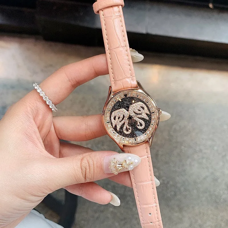 Little Swan Pattern Leather Strap Women's Watch