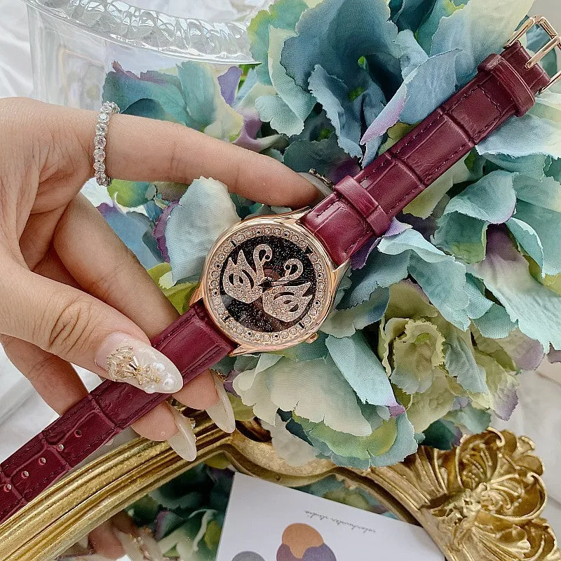 Little Swan Pattern Leather Strap Women's Watch