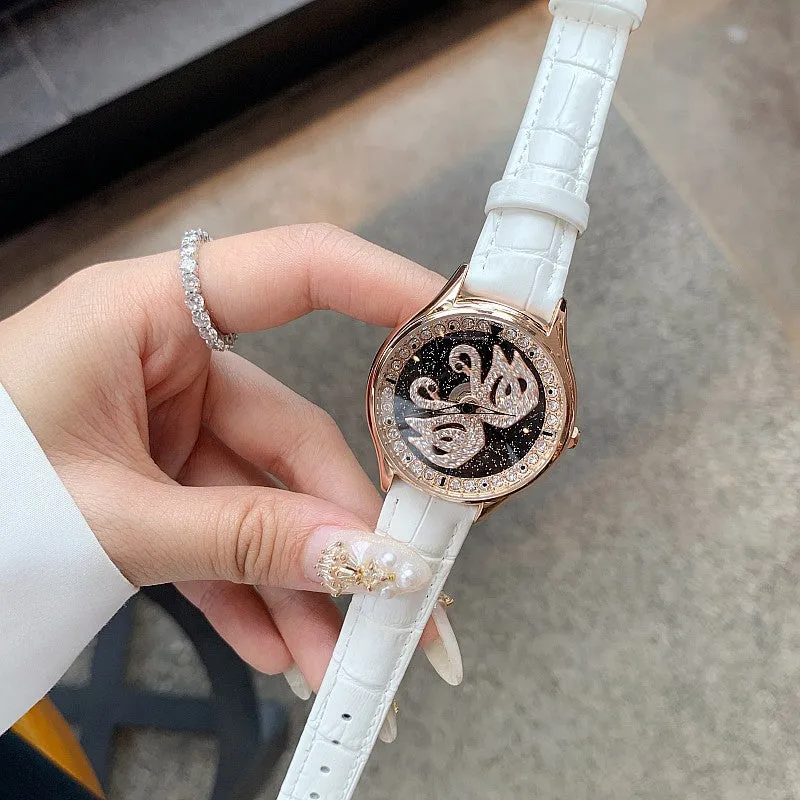 Little Swan Pattern Leather Strap Women's Watch