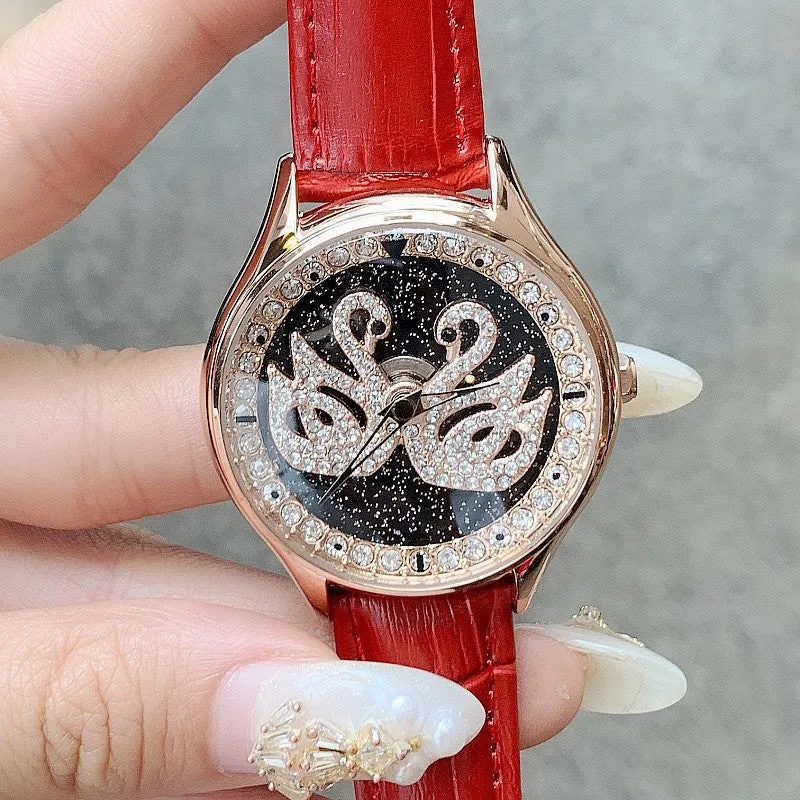 Little Swan Pattern Leather Strap Women's Watch