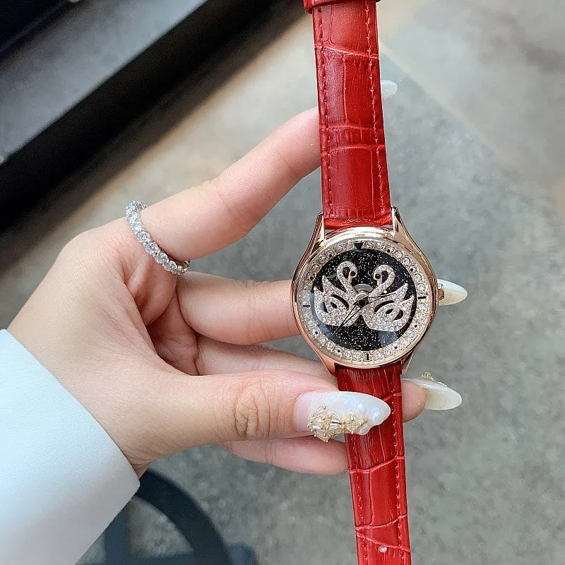 Little Swan Pattern Leather Strap Women's Watch