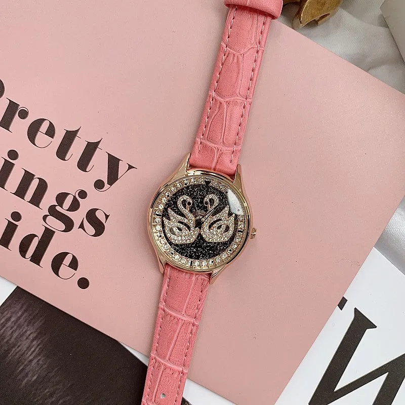 Little Swan Pattern Leather Strap Women's Watch