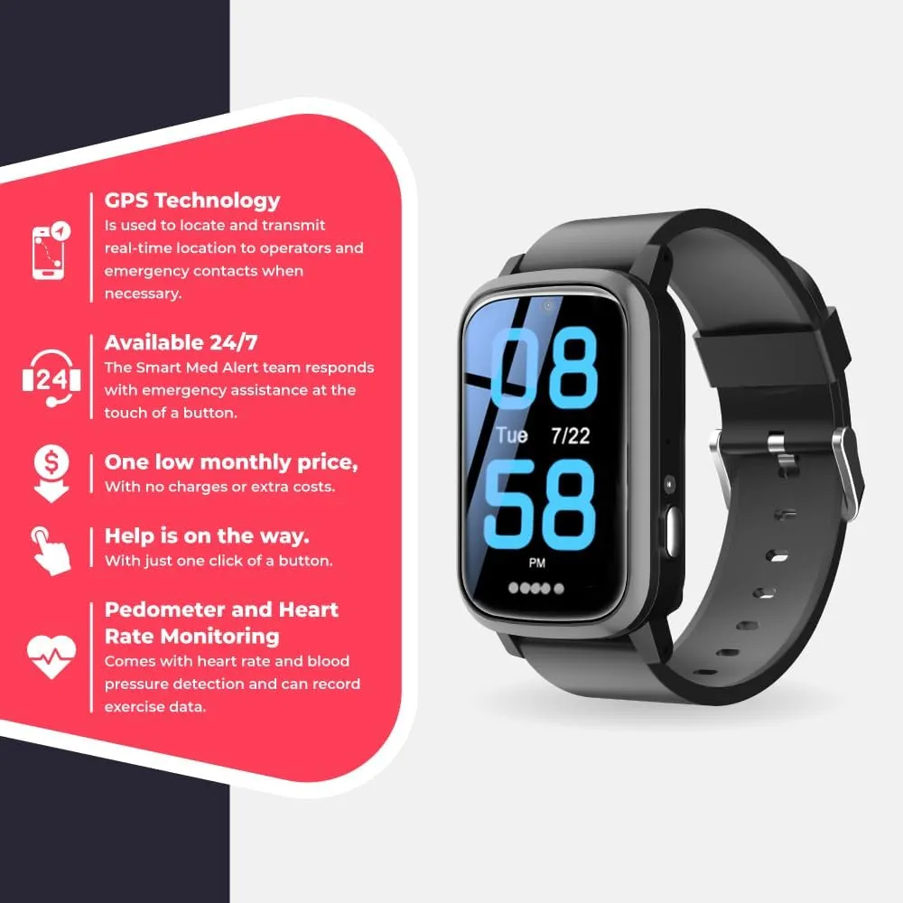 Medical Alert Rectangular Smart Watch For Seniors | Fall Detection