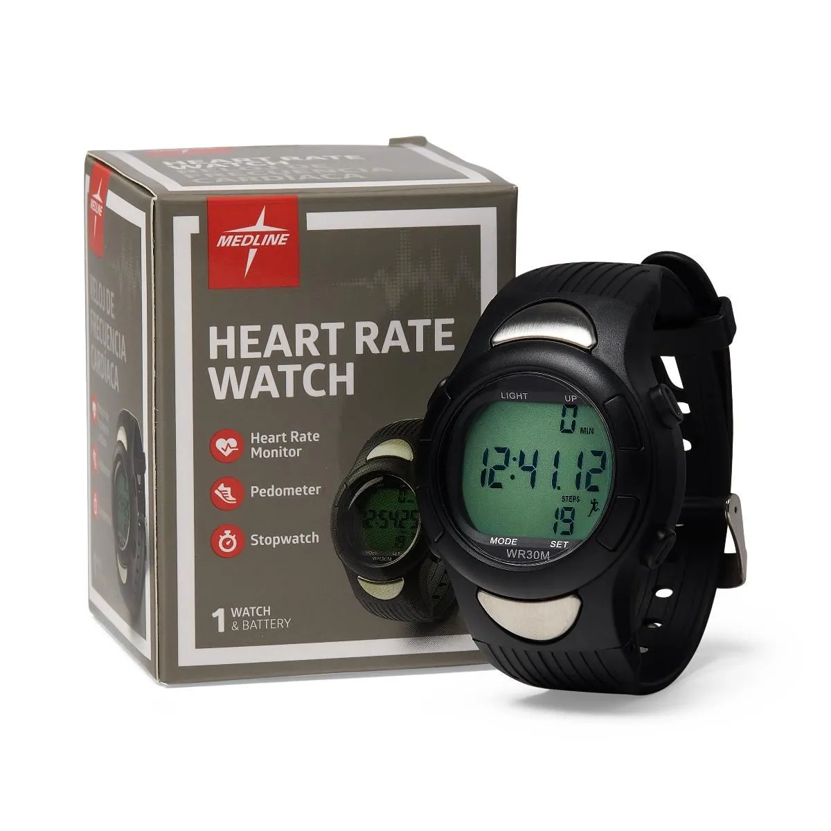 Medline Heart Rate Monitor Pedometer Watch, Black 1Ct