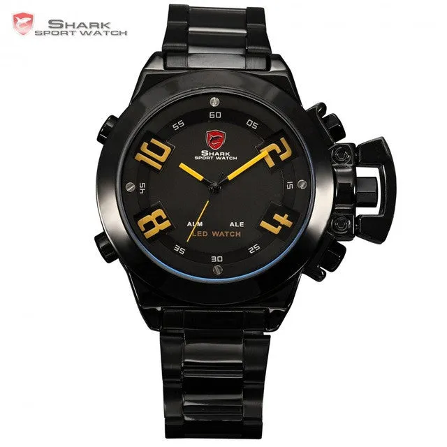 Military SHARK Sport Watch Digital LED Dual Time Date Alarm Yellow Number Black Steel Band Wrist Wrap Men's Watches Gift