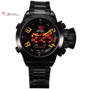 Military SHARK Sport Watch Digital LED Dual Time Date Alarm Yellow Number Black Steel Band Wrist Wrap Men's Watches Gift